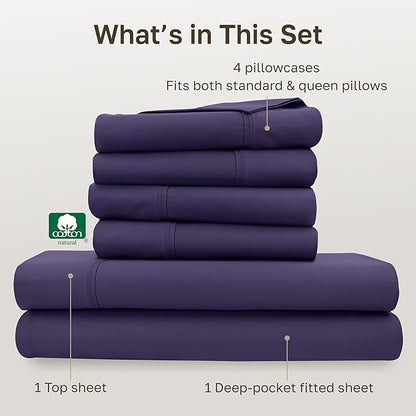 California Design Den 6-Pc Queen Size Sheet Set with 4 Pillowcases - 400 Thread Count 100% Cotton Sheets, Sateen Weave, Deep Pocket Bedsheets Set - Dark Purple