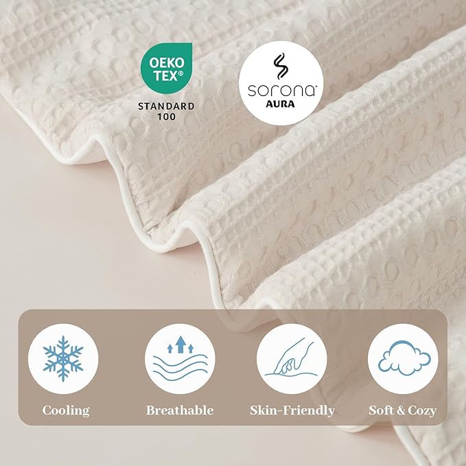 Amélie Home Waffle Cooling Comforter Twin Size, Q-Max 0.45 Reversible Lightweight Cooling Blanket for Hot Sleepers, Breathable Bedding for Night Sweats, 68"x90", Beige