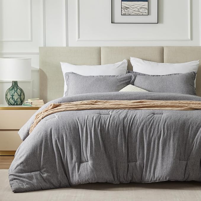 CozyLux Oversized King Comforter Set, 3 Pieces 120x98 Grey Soft Luxury Cationic Dyeing Bedding Set All Season, Gray Breathable Lightweight Bed Sets with 1 Down Alternative Comforter and 2 Pillow Shams