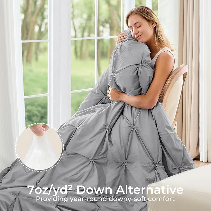 Sasttie California King Comforter Set, 7-Piece Bed in a Bag, Pintuck Bedding Sets for All Season, Includes Comforter, Flat Sheet, Fitted Sheet, Pillowcases and Pillowshams, Light Grey