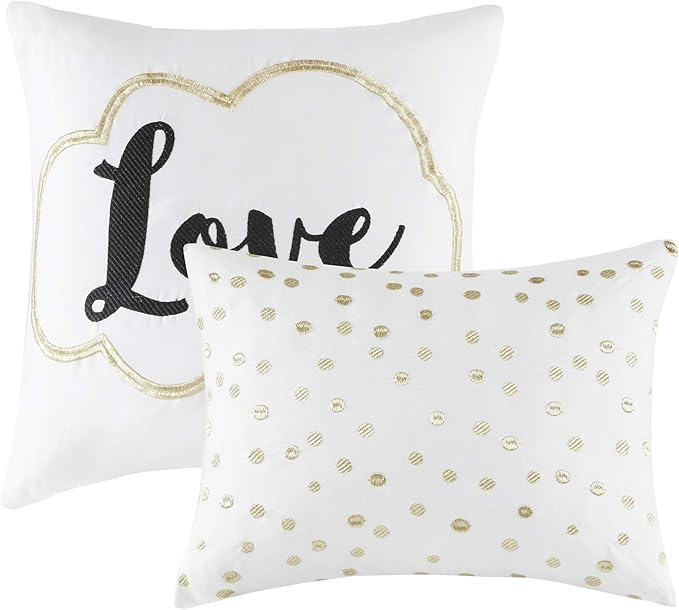 Intelligent Design Raina Full/Queen Comforter Set, Soft Microfiber, Modern Geometric Metallic Bed Set, 5 Pieces College Bedding with 2 Shams, 2 Toss Pillows Ivory/Gold