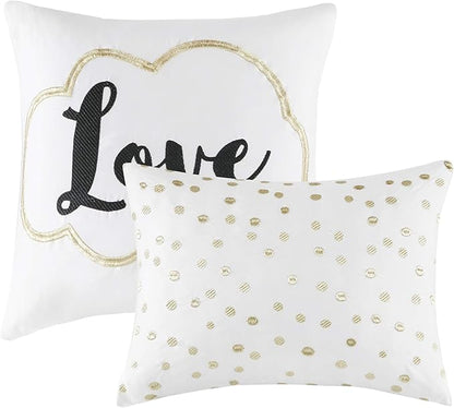 Intelligent Design Raina Full/Queen Comforter Set, Soft Microfiber, Modern Geometric Metallic Bed Set, 5 Pieces College Bedding with 2 Shams, 2 Toss Pillows Ivory/Gold
