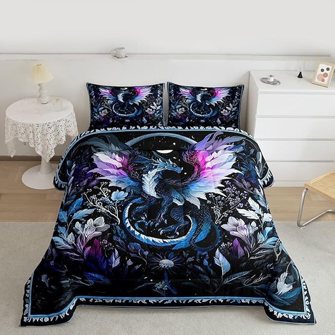 Feelyou Dragon Bedding Set Soft for Boys Girls, Wild Life Comforter Set King Size Jungle Dragon Duvet Quilt Microfiber Wild Animal Bedroom Decor Dark Blue 3 Pcs with 2 Pillow Cases
