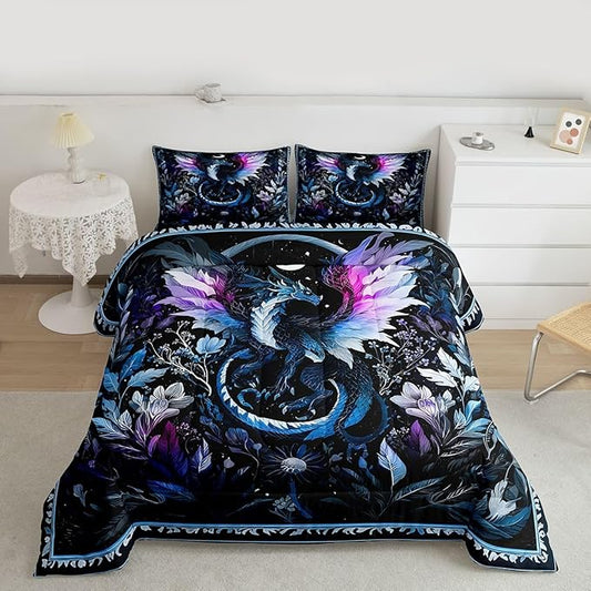 Feelyou Dragon Bedding Set Soft for Boys Girls, Wild Life Comforter Set King Size Jungle Dragon Duvet Quilt Microfiber Wild Animal Bedroom Decor Dark Blue 3 Pcs with 2 Pillow Cases