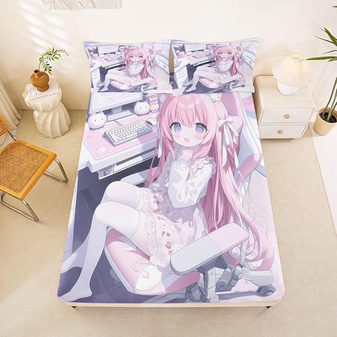 Erosebridal Kawaii E-Sports Girl Fitted Sheet Full 3D Japanese Girl Bed Sheets for Boys Girls Girly Gaming Bed Set Anime Gifts for Her Sheets with 2 Pillowcases