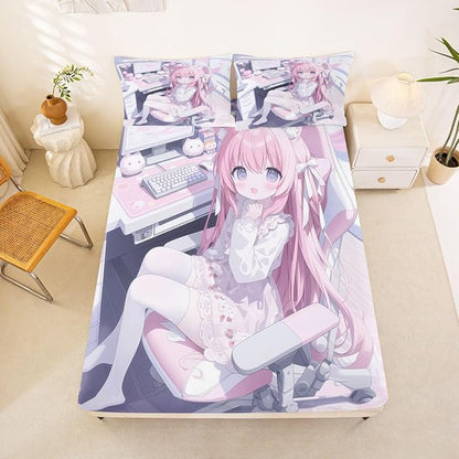 Erosebridal Kawaii E-Sports Girl Fitted Sheet Full 3D Japanese Girl Bed Sheets for Boys Girls Girly Gaming Bed Set Anime Gifts for Her Sheets with 2 Pillowcases