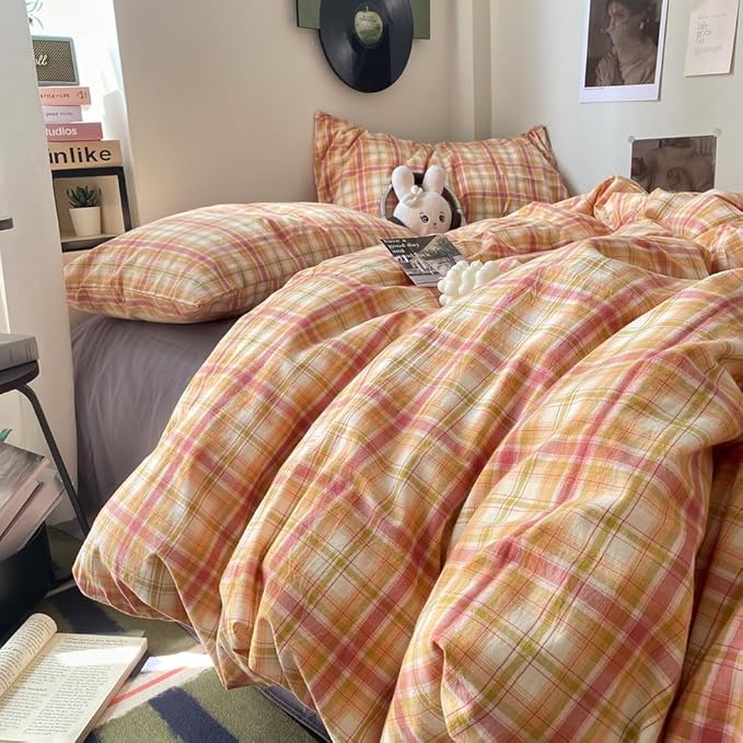 EAVD Vintage Style Gingham Duvet Cover Twin Soft 100% Washed Cotton Bedding Set with Colorful Grid Checkered Reversible Plaid Bedding Set for Boy Girl Modern Grid Plaid Duvet Cover with Zipper