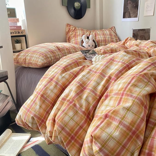 EAVD Vintage Style Gingham Duvet Cover Twin Soft 100% Washed Cotton Bedding Set with Colorful Grid Checkered Reversible Plaid Bedding Set for Boy Girl Modern Grid Plaid Duvet Cover with Zipper