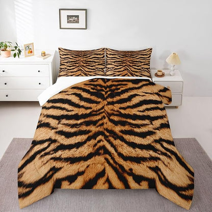 3D Tiger Skin Comforter Set Wild Africa Animals Bedding Set King Size Kids Teens Men Adult Home Room Decor Abstract Black Brown Stripes Quilted Duvet Romantic Vintage Bedspread,2 Pillowcases