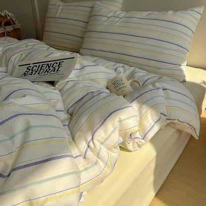 EAVD Retro Striped Duvet Cover Set Twin Size 100% Cotton Chic Stripes Printed Bedding Set with 2 Pillowcases Vintage Geometric Pattern Duvet Cover with Zipper Closure(Yellow&Purple&Blue, Twin)