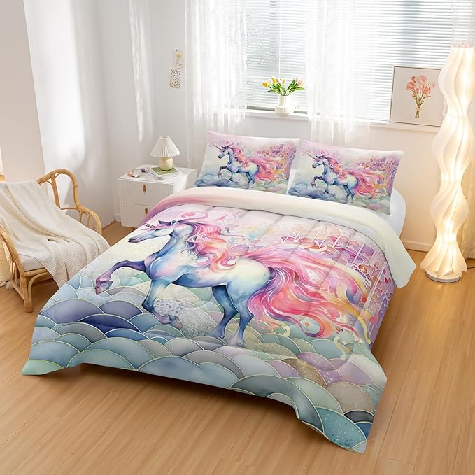 Pink Fantasy Unicorn Comforter Set King Rainbow Scales Unicorn 3pcs Bedding Set for Girls Boys Kids Cartoon Down Alternative Soft Lightweight Comforter with 2 Pillowcases All Season