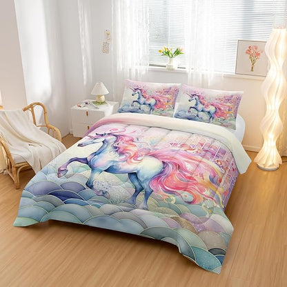 Pink Fantasy Unicorn Comforter Set King Rainbow Scales Unicorn 3pcs Bedding Set for Girls Boys Kids Cartoon Down Alternative Soft Lightweight Comforter with 2 Pillowcases All Season