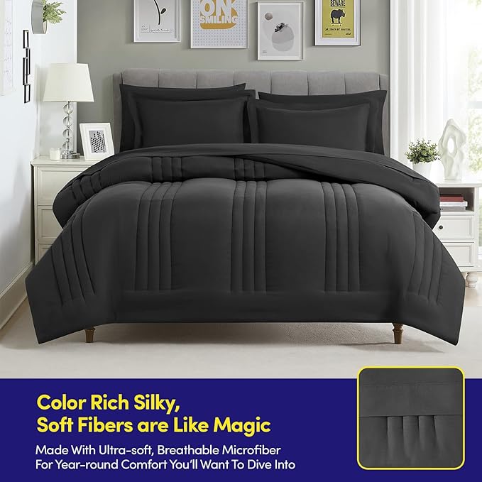 Full Size Comforter Set Quilted Stripe Bedding Bundle – Comforter, Mattress Protector, Sheets with Pockets on the Side & Built-in Corner Strap – Fitted Sheet Media Pocket for Devices, Black