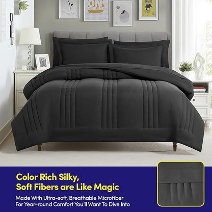 Full Size Comforter Set Quilted Stripe Bedding Bundle – Comforter, Mattress Protector, Sheets with Pockets on the Side & Built-in Corner Strap – Fitted Sheet Media Pocket for Devices, Black