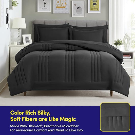 Queen Comforter Set Quilted Stripe Bedding Bundle – Comforter, Mattress Protector, Sheets with Pockets on the Side & Built-in Corner Strap – Fitted Sheet Media Pocket for Devices, Black