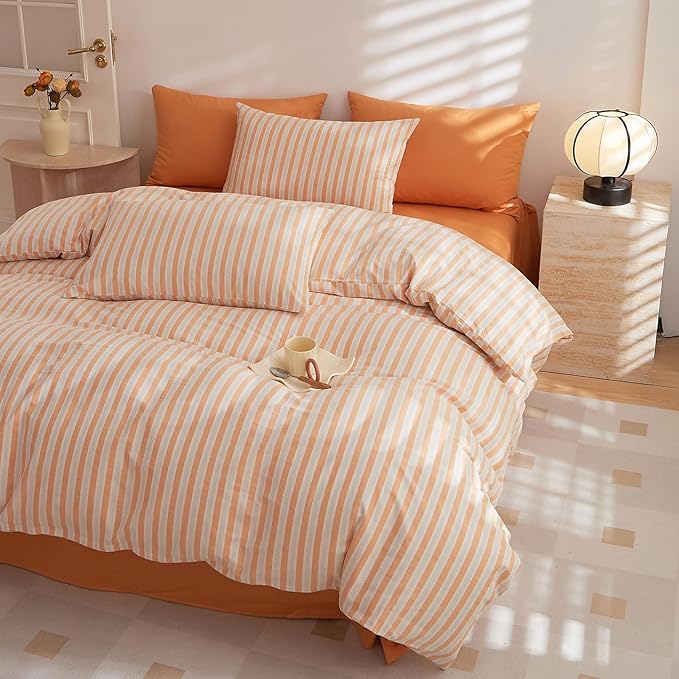 LifeTB Orange Striped Duvet Cover Set King Size, 100% Washed Cotton White Orange Stripes Pattern Printed Comforter Cover, 3 Pieces Soft Breathable Duvet Cover Farmhouse Striped Bedding Set King