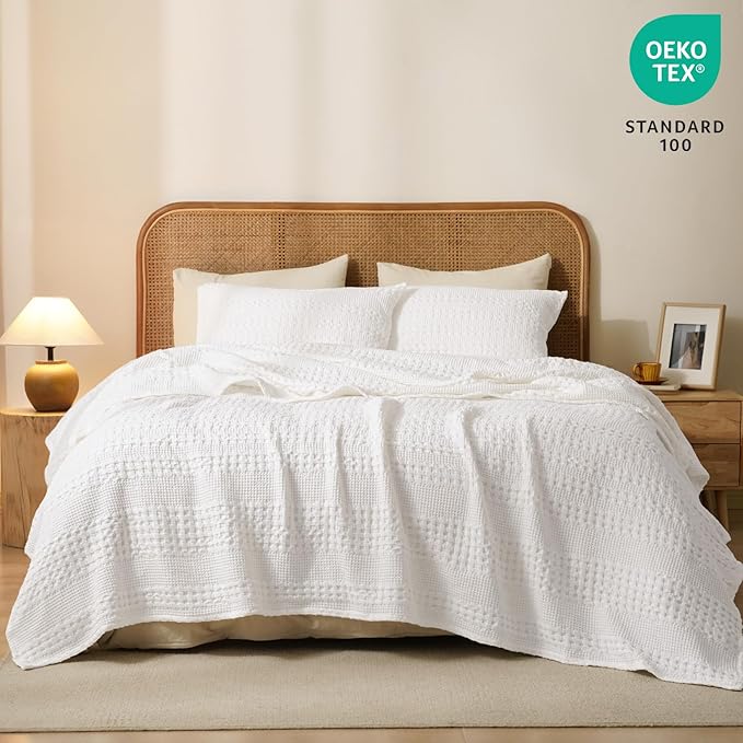 PHF 100% Cotton Waffle Weave Blanket Queen Size for Bed, Soft Lightweight & Breathable for Spring and Summer, All-Season Comfort, Luxury Aesthetic Blanket for Home Decor, 90"x90", White