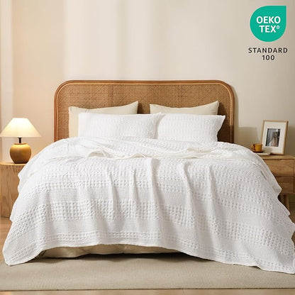 PHF 100% Cotton Waffle Weave Blanket Queen Size for Bed, Soft Lightweight & Breathable for Spring and Summer, All-Season Comfort, Luxury Aesthetic Blanket for Home Decor, 90"x90", White