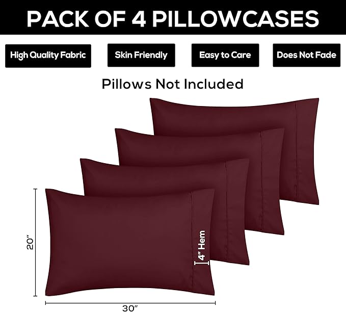 Utopia Bedding Queen Pillow Cases - 4 Pack - Envelope Closure - Soft Brushed Microfiber Fabric - Shrinkage and Fade Resistant Pillow Covers Queen Size 20 X 30 Inches (Queen, Burgundy)