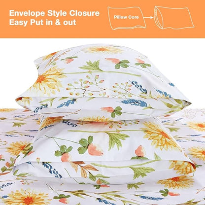 JSD Yellow Floral Printed Sheet Set Twin Size, 3 Piece Soft Botanical Microfiber Bedding Sheets Extra Deep Pocket