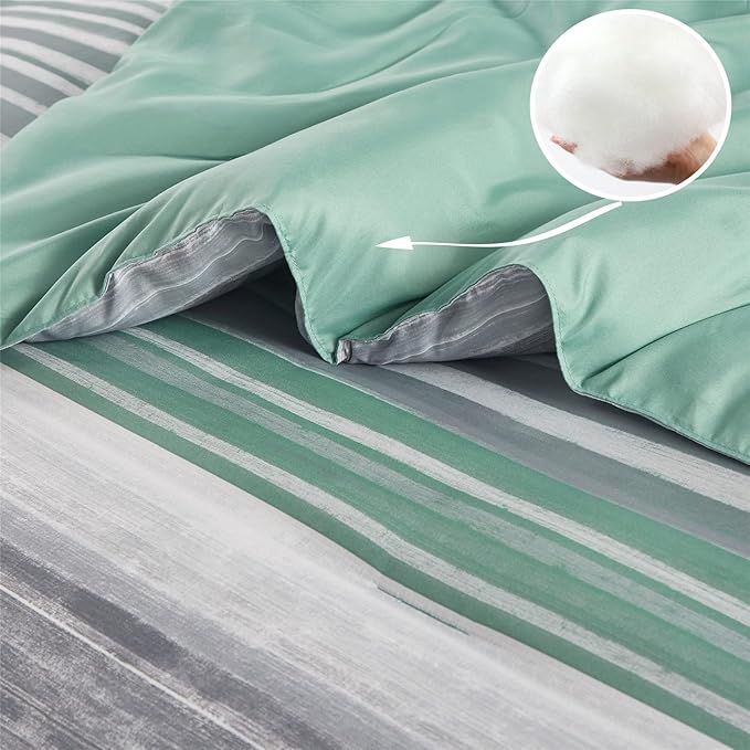 KAKIJUMN 7 Piece Bed in a Bag Stripe Comforter Set Queen Size, White Grey Sage Green Patchwork Striped Comforter and Sheet Set, All Season Soft Microfiber Complete Bedding Sets(Green,Queen)