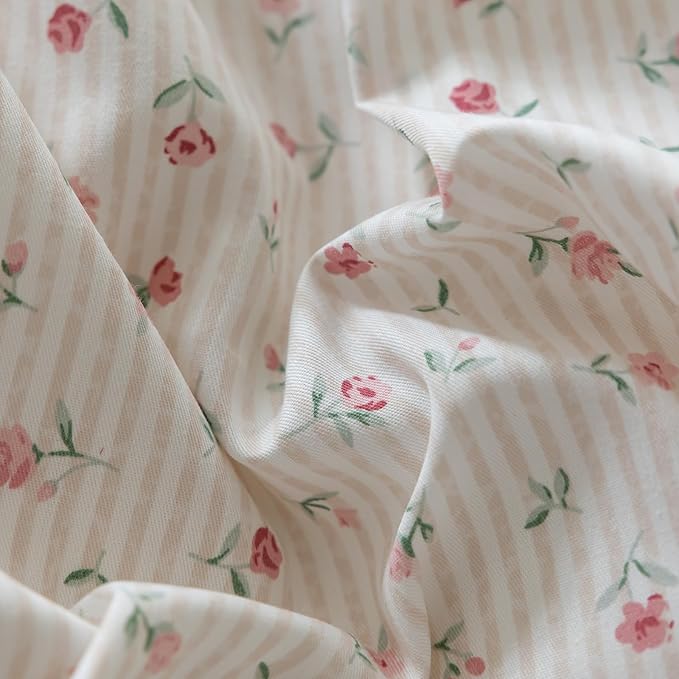 VM VOUGEMARKET Pink Flower Stripes Duvet Cover Set Twin 100% Cotton Blossom Duvet Cover with Zipper Closure,Cottagecore Bedding Set for Girls Women-68 x86,Off-White