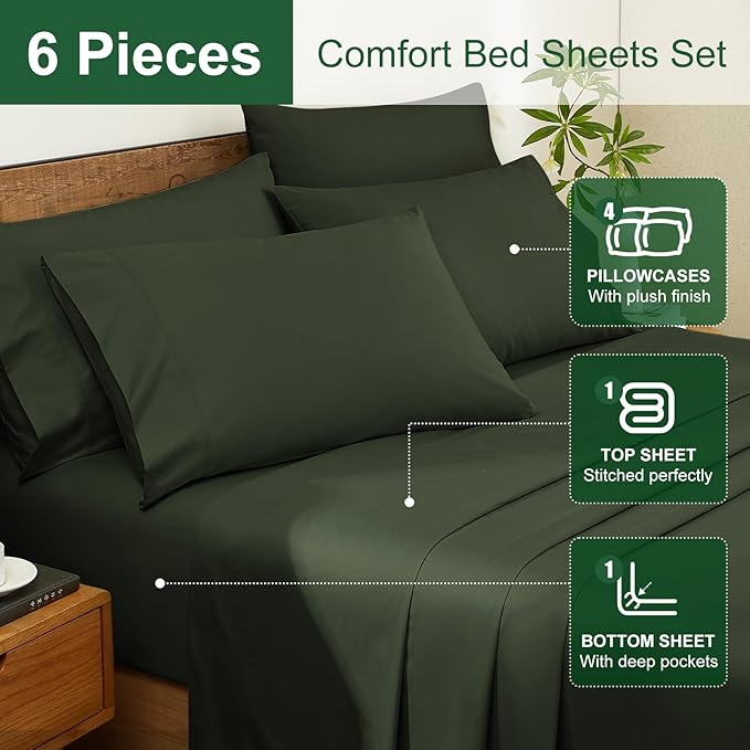 Ivellow 100% Egyptian Cotton Sheets Queen Size Set - 1200 Thread Count 6 PC 18" Deep Pocket Queen Size Bed Sheet Set，Luxury Soft Breathable Dark Green Cooling Sheet Sets Durable Hotel Quality Bedding