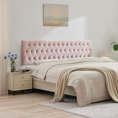 Tufted Upholstered King Size Bed Headboard in Modern Button Design, Adjustable Solid Wood Head Board, Premium Velvet Fabric Padded Headboards in Bedroom (Pink)