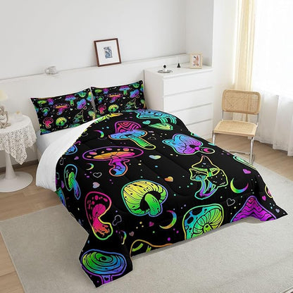 Erosebridal Mushroom Comforter Set Twin Kawaii Trippy Bedding Psychedelic Botanical Plants Down for Kids Girls Boys Teens Rainbow Fungus Duvet Cute Quilt (CMHS3028XXY-BZ_USt)