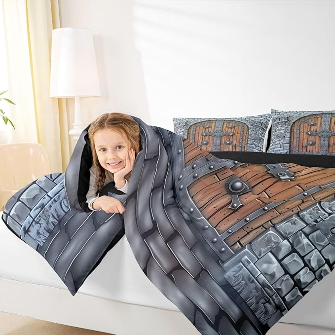 Castle Walls Comforter Set Toddler Size 2 Pcs,Medieval Themed Bedding Set,Knight Wall Quilt Set for Child Bedroom,Duvet Insert,1 Pillowcase