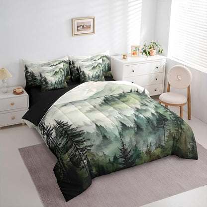 Erosebridal Dark Green Misty Forest Full Bed in A Bag 7 Piece Mountain Foggy Woodland Comforter Set with Sheets Rustic Pine Tree Bedding Sets for Kids Adults,Watercolor Nature Theme Bed Set