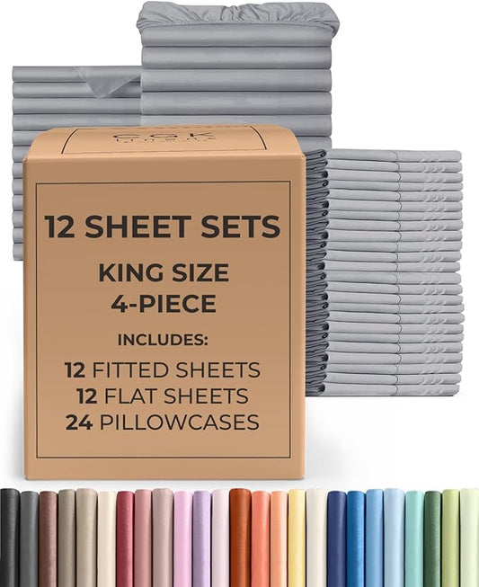 Bulk Case Pack of 12 Sheet Sets - (12) Complete King Size Sheet Sets with Deep Pockets - Wholesale Bulk Bedding for Hotels, Spas & Airbnbs - Breathable, Cooling and Wrinkle Free - (King, Steel Blue)