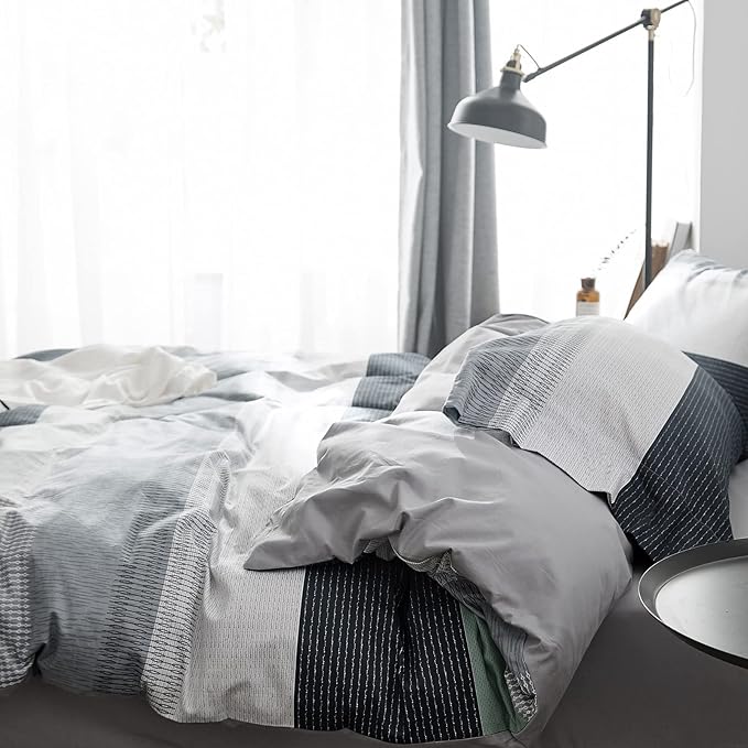 VM VOUGEMARKET Striped Bedding Duvet Cover Set King,3 Pieces Gray Blue Duvet Cover Sets,100% Cotton Modern Simple Comforter Cover with Zipper-King,Martin