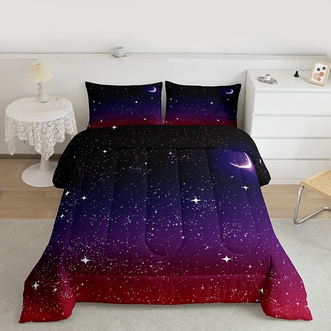 Purple Galaxy Comforter Full Size Moon Star Comforter Set Night Starry Sky Bedding Sets Reversible Space Nebula Cosmos Aesthetic Down Comforter for Kids Adults With 1 Comforter and 2 Pillow Cases