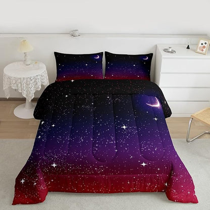 Purple Galaxy Comforter Twin Size Moon Star Comforter Set Night Starry Sky Bedding Sets Reversible Space Nebula Cosmos Aesthetic Down Comforter for Kids Adults With 1 Comforter and 1 Pillow Case
