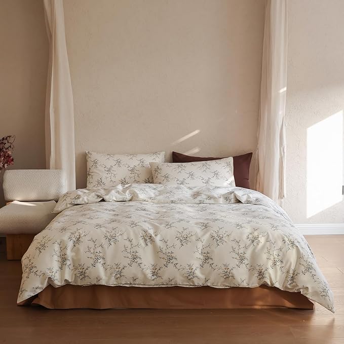 Floral Bed Comforter King 100% Cotton Down Alternative Bedding Set Boho Girls Farmhouse Vintage Bedding Comforter Sets Fluffy All Season Lightweight Women Bed Comforter with 2 Pillowcases