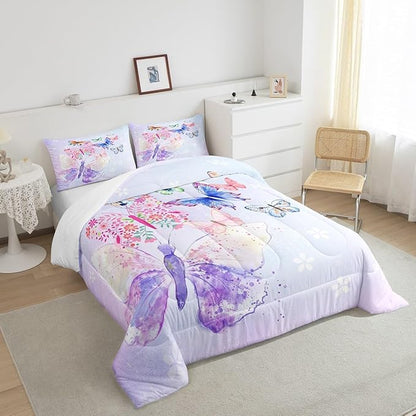 Purple Butterfly Comforter King Size,Kids Girls Butterflies Comforter Set Bedding Set for Kids Adults,Daisy Flowers Rustic Flying Animal Duvet Set Ultra Soft Room Decor 3Pcs Quilt Set