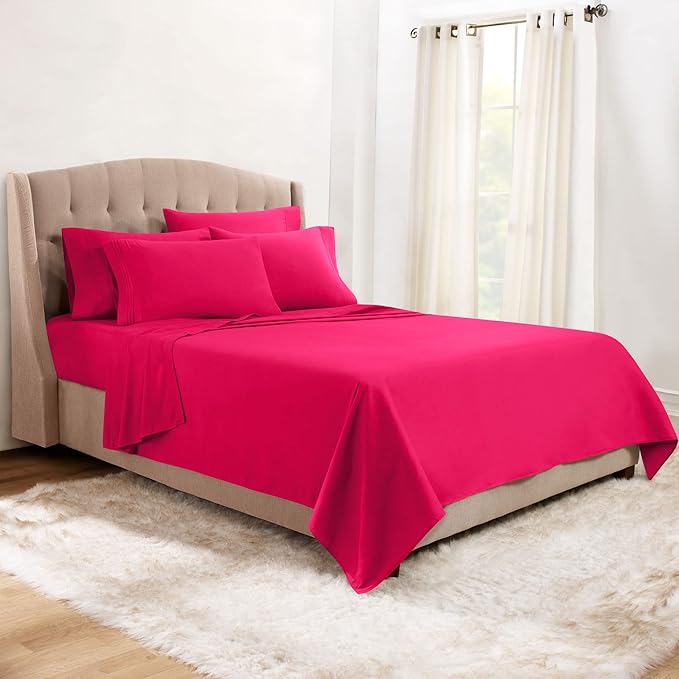 Clara Clark King Sheets, 6 Piece Set - Hotel Luxury Sheets for King Size Bed, Super Soft Bedding Set, King Size, Hot Pink