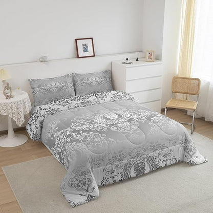 Feelyou Adults Silver Vintage Damask Floral Comforter Set Oriental Antique Comforter King Size Gothic Bohemia Boho Bedding Set Exotic Sugar Skull Duvet Set Quilt Set 3Pcs