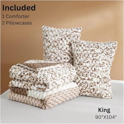 Petrichor Fluffy King Comforter Set - Taupe and White Striped Faux Fur Blanket for King Bed, Ultra-Soft Warm Bedding for Winter & Fall, Cozy 3 Piece Bed Set (1 Comforter & 2 Pillowcases)