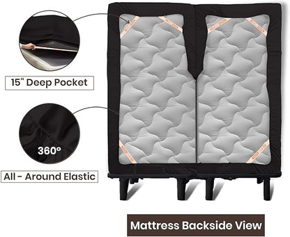 SGI bedding Adjustable Split Head Flex Top Queen 36" Microfiber Sheet Set – Ultra Soft, Cooling & Deep Pocket 15” Fitted, 4-Piece Breathable & Durable Bedding Set for Split Queen Beds -Black