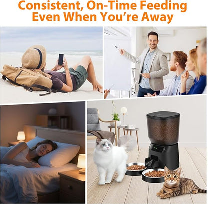 Automatic Cat Feeders for Two Cats, 5L/20 Cups Double Automatic Cat Food Dispenser with 2 Stainless Bowls, Timer Setting 20 Portions 6 Meals Per Day, 10s Meal Call (WiFi丨 Black)