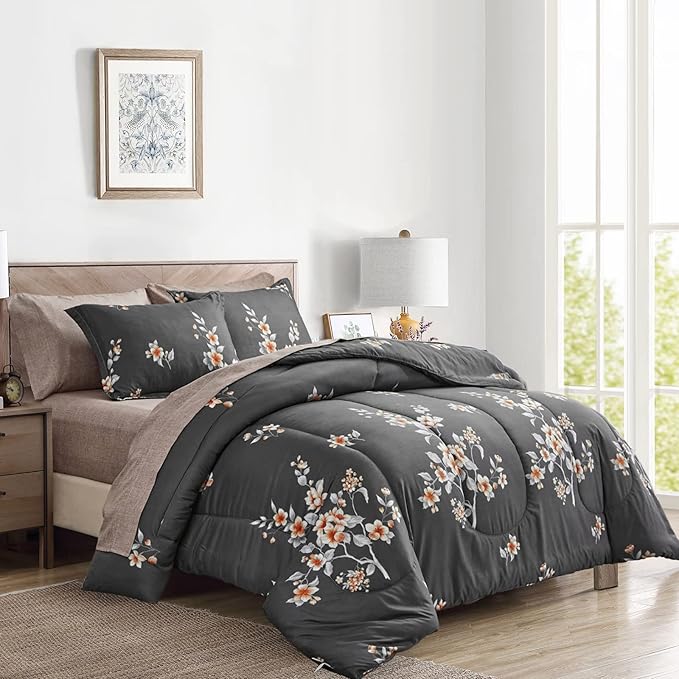 7 Pieces Bed in a Bag Queen Comforter Set with Sheets, Dark Grey Floral Design, Soft Microfiber Bedding Sets for All Season (1 Comforter, 2 Pillow Shams, 1 Flat Sheet, 1 Fitted Sheet, 2 Pillowcases)