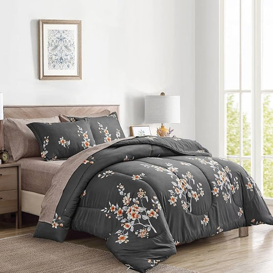 7 Pieces Bed in a Bag King Comforter Set with Sheets, Dark Grey Floral Design, Soft Microfiber Bedding Sets for All Season (1 Comforter, 2 Pillow Shams, 1 Flat Sheet, 1 Fitted Sheet, 2 Pillowcases)