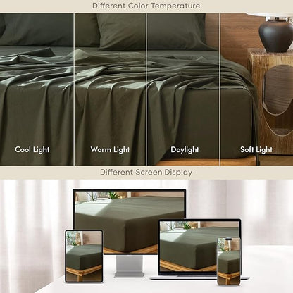 MooMee Fitted Bottom Sheet Only 100% Washed Cotton Linen Like Textured Breathable Durable Soft Comfy Deep Pocket Fits Mattress up to 17" (Olive Green, King)