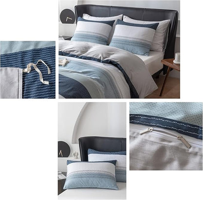 EAVD Cotton Duvet Cover Set Queen White Gray Blue Striped Duvet Cover Modern Geometric Striped Bedding Set for Boys Girls Women Men Blue Striped Queen Duvet Cover with Zipper Closure