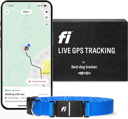 Fi Series 3+ GPS + Health Dog Collar, Blue, Large, 12-Month Membership | Live GPS + health dog tracking — Escape Alerts, activity & behavior insights, LED light. Waterproof & Apple Watch compatible.