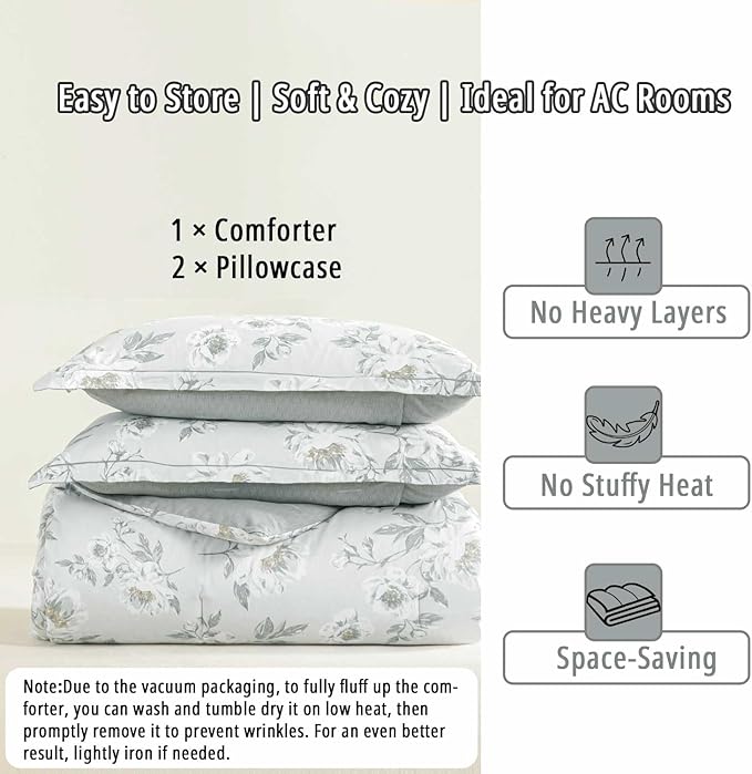 Floral Cotton Comforter King Size - Light Grey Comforter Printed with Vintage Ivory Flowers & Dark Yellow Stamens,Reversible Lightweight Bedding Sets 3Pcs(104"×90")