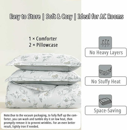 Floral Cotton Comforter King Size - Light Grey Comforter Printed with Vintage Ivory Flowers & Dark Yellow Stamens,Reversible Lightweight Bedding Sets 3Pcs(104"×90")