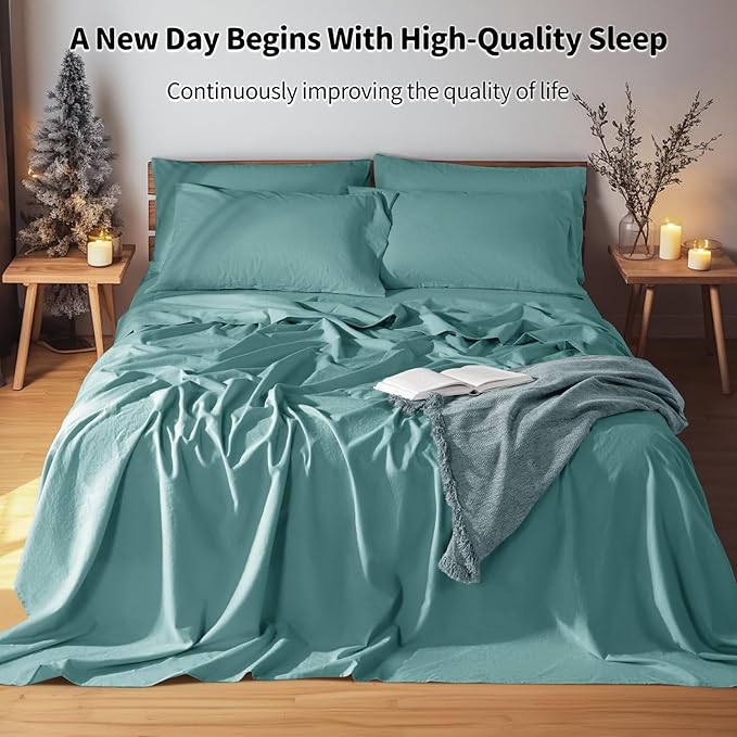LBRO2M 100% Pure Linen Sheet Set Deep Pocket Up to 16" Bed Sheets Sets, Natural Flax Beddings Soft, Breathable, Comfortable for All Seasons 6 Pcs Sheet Set Queen Size, Aqua